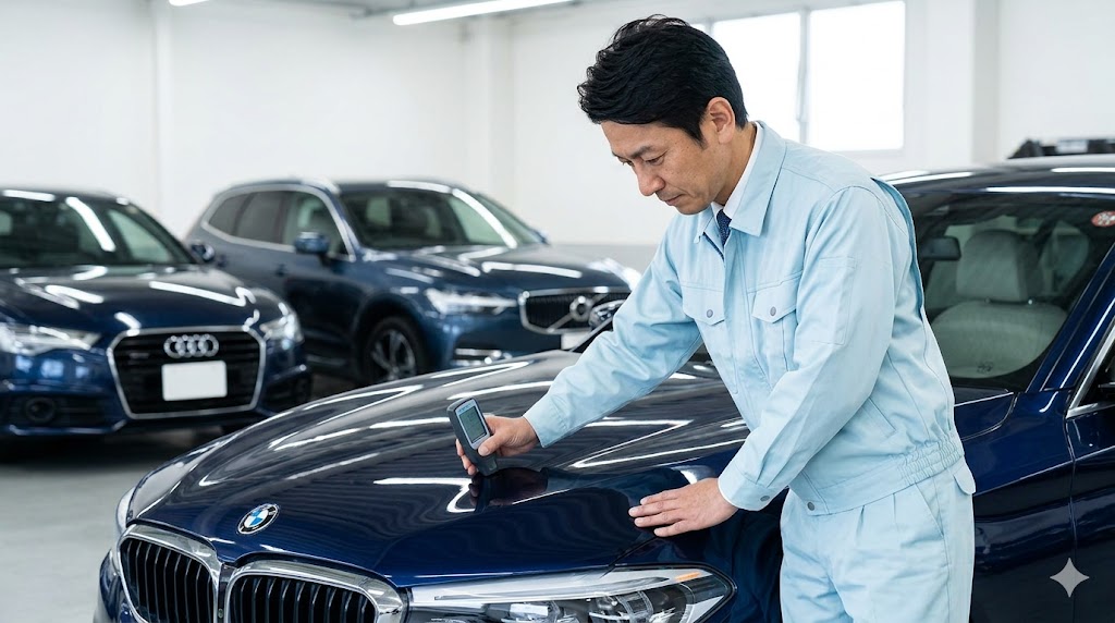 専門の査定士がBMWのボンネットを膜厚計で精密に検査する様子。外車の適正評価には専門知識が必要であることを示す画像。