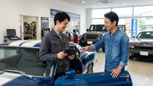日本のアメ車専門店で、オーナーと専門査定士が笑顔で愛車のマスタングを見ながら話す様子。信頼と専門性を表現。