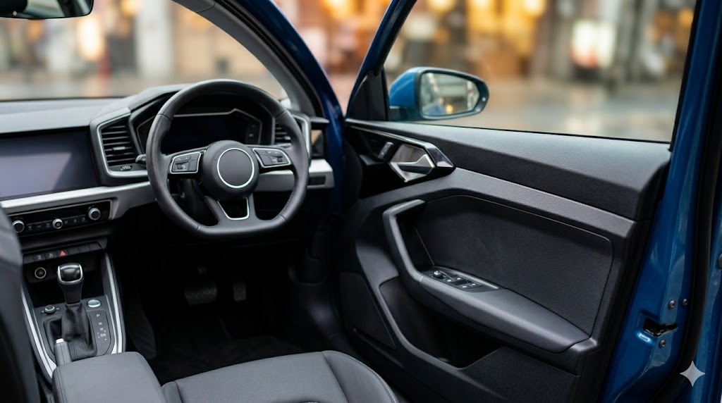 アウディA1の運転席ドアパネルのクローズアップ。硬質プラスチック、安価な質感、素材の経済性を示す内装。