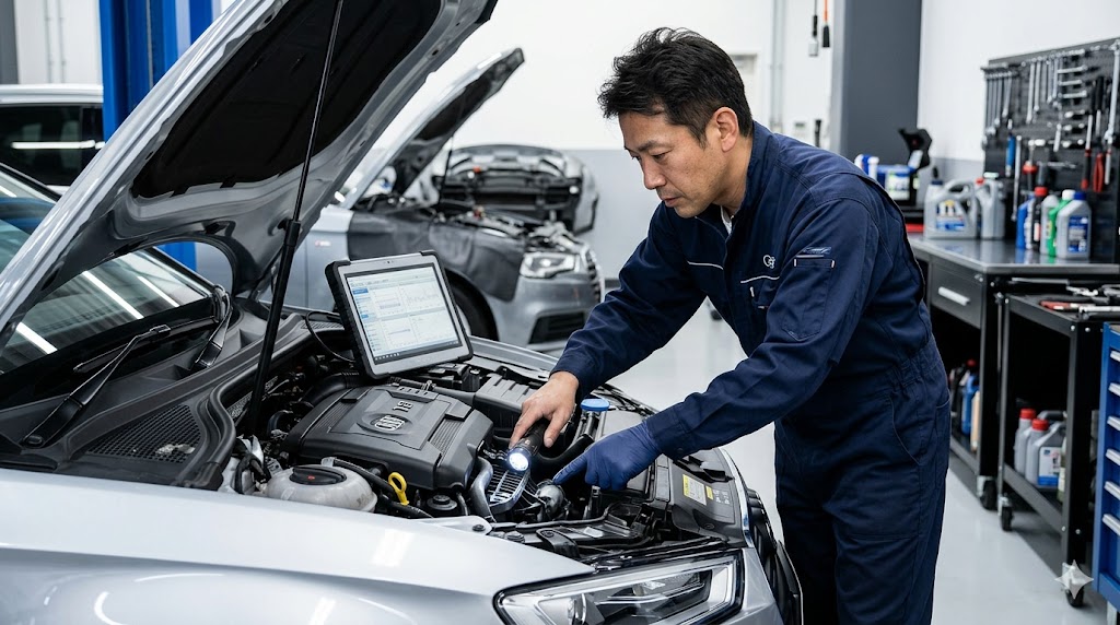 整備工場で、開いたアウディA3のボンネット内で、日本人の専門整備士が複雑なエンジン周辺部品を診断ツールで慎重に点検している様子。冷却系や点火系の詳細な確認を表現。