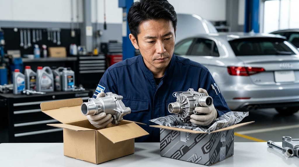 整備工場で、日本人の専門整備士が、アウディ純正部品とOEM部品（互換品）の品質とコストの違いを比較検討している様子。信頼性と費用のバランスを追求。