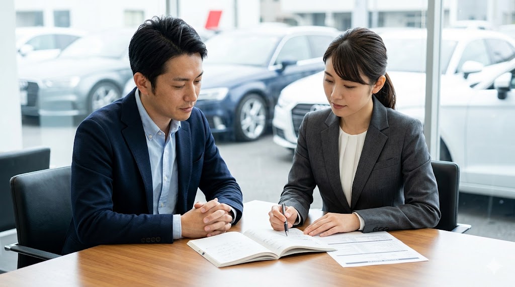 認定中古車販売店の商談スペースで、日本人の男性客が、専門の女性セールスコンサルタントと共に、アウディA3のメンテナンスノートとリコール実施履歴を慎重に確認している様子。購入前の透明性と信頼性確保を表現。
