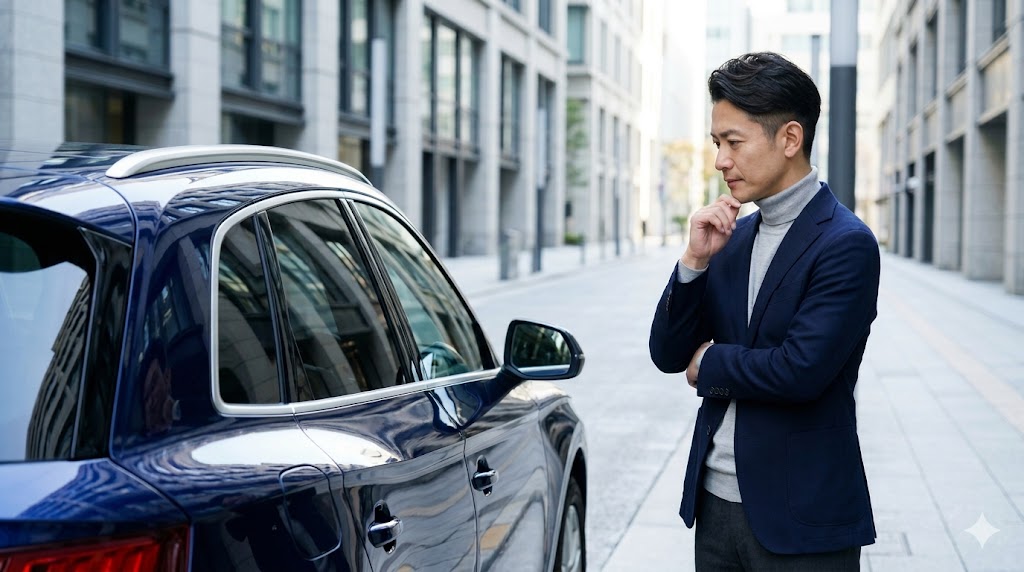 高級SUVアウディQ5の購入を都会の街並みで真剣に検討する、洗練された日本人男性(40代)。元車関係ライターの視点を表現。