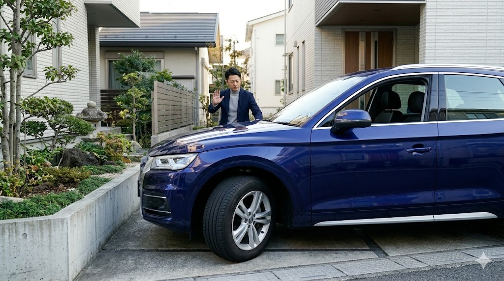 購入前の試乗で、アウディQ5を自宅の狭い駐車スペースに実際にバックで入庫させ、サイズ感を検証する日本人男性オーナー。実地検証の重要性を表現。