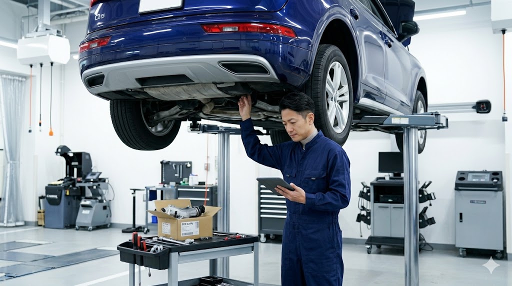 アウディなどのドイツ車に精通した民間の専門整備工場で、リフトアップされたアウディQ5の下回りを入念に点検する日本人整備士。ディーラー以外の賢い選択肢を表現。