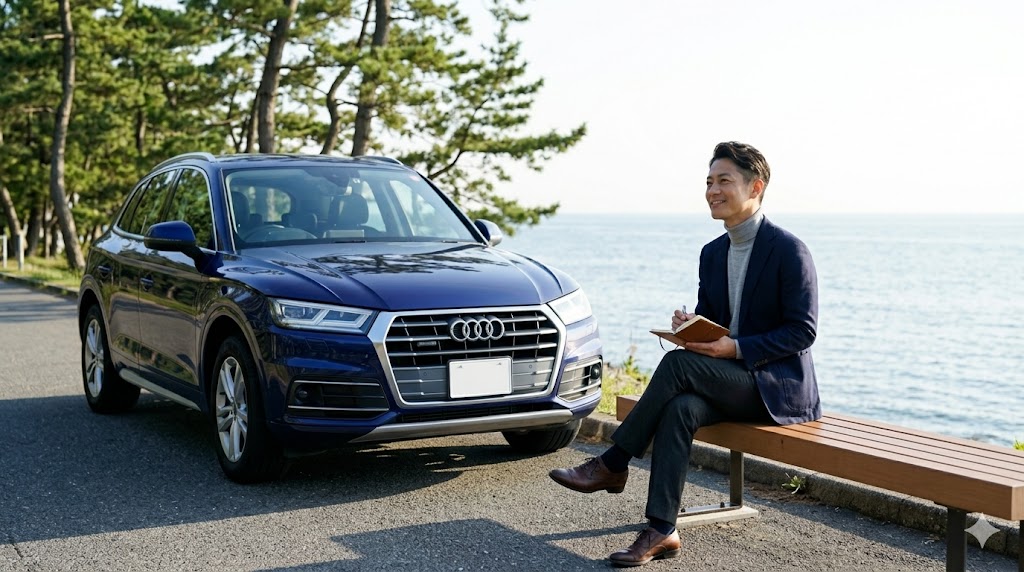 リスク対策を理解し、海岸沿いのドライブでアウディQ5との生活を満喫する日本人男性。後悔のない、満足のいく車選びの結果を表現。