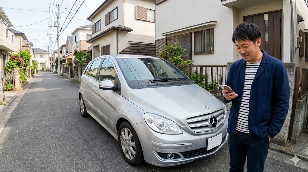日本の住宅街に停まるシルバーのメルセデス・ベンツBクラス