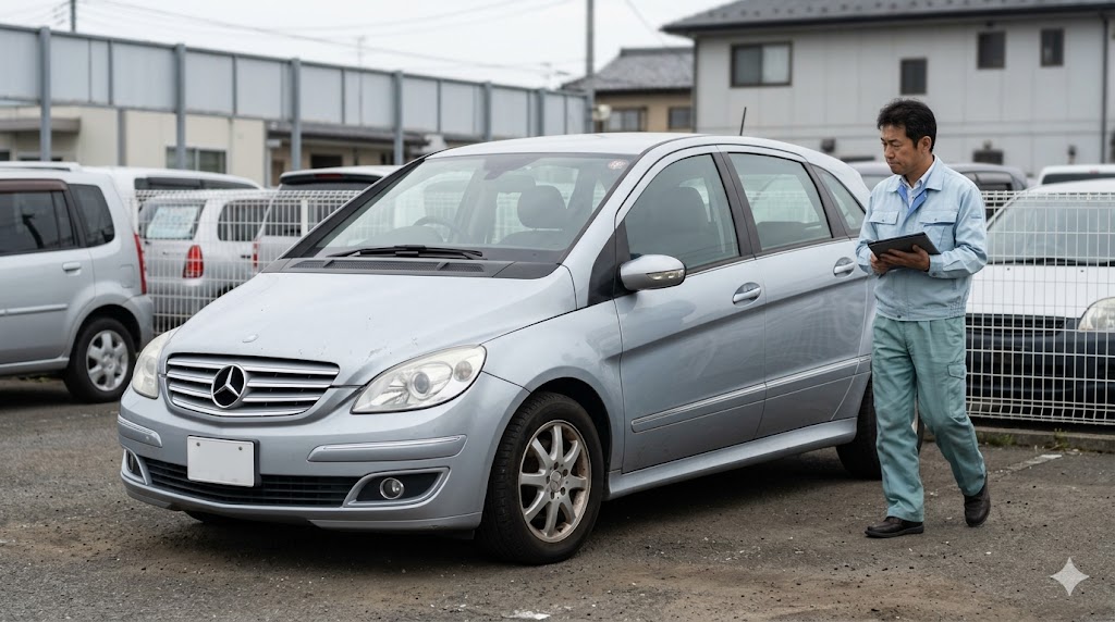 日本の郊外の中古車販売店で、査定士（日本人男性）が少し古いシルバーのベンツBクラスを厳しい表情でチェックしている様子。リセールバリューの低さを表現