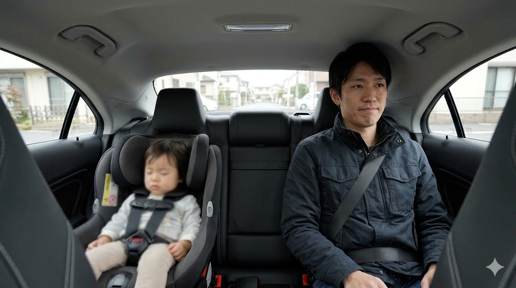 メルセデス・ベンツCLAの後部座席に座る背の高い日本人男性と、チャイルドシートに座る子供。流麗なルーフラインの影響で、大人の頭上空間が限られている様子がわかる。