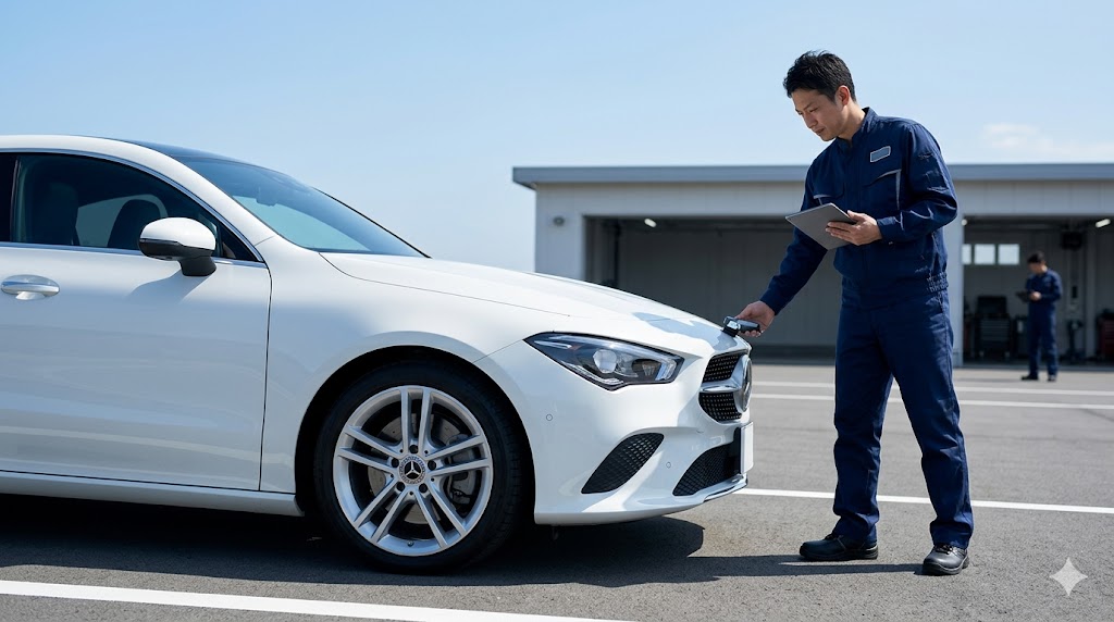明るい整備工場で、タブレットを手にメルセデス・ベンツCLAのエンジンルームを点検する日本人整備士。計画的なメンテナンスが維持費を抑える鍵であることを示唆している。