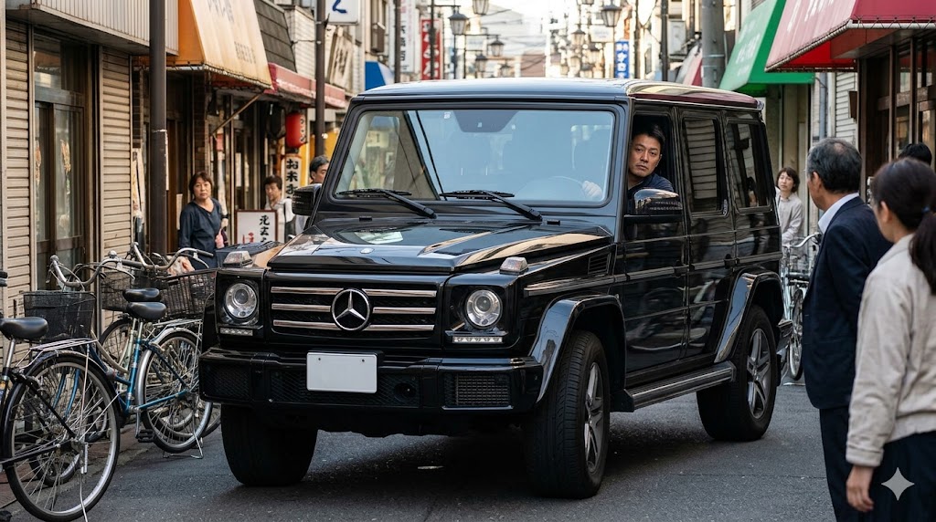 東京の狭い路地で立ち往生しそうになる黒いメルセデス・ベンツGクラス。日本人男性の運転手が困惑した表情で、日本の都市部における取り回しの悪さを実証している。