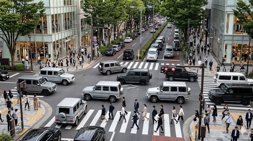 東京の表参道のような高級ショッピング街の交差点で、多数のメルセデス・ベンツGクラスが信号待ちや走行をしており、都市部における高い普及率と特別感の希薄化（飽和状態）を視覚的に表現している。