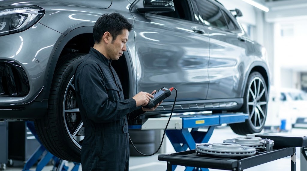正規ディーラーでメルセデスAMG GLAの点検を行う、専門知識を持った日本人整備士。専用ツールを使用。
