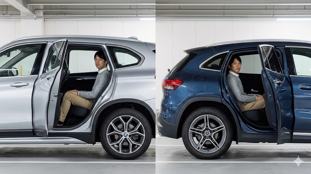 BMW X1(左)とメルセデス・ベンツGLA(右)の後部座席空間の比較。X1の広さとGLAのクーペ風デザインの違い。