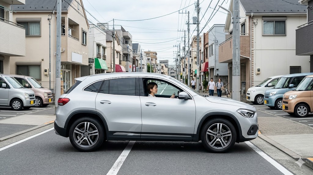 メルセデス・ベンツGLAの横に立つ、経済的に安定した日本人オーナー夫婦。都市部のマンション駐車場にて。