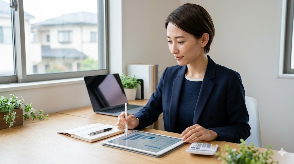 タブレットと家計簿を使い、ベンツGLA購入のための無理のない資金計画を立てる日本人女性。自宅のデスクにて