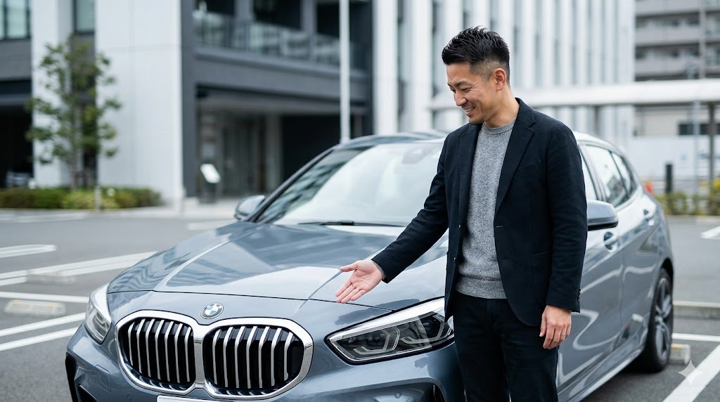 現行BMW 1シリーズのフロントマスク（キドニーグリル）を指差しながら、デザインの変化について解説している様子。信頼性の高いカーライフアドバイザーのイメージ。