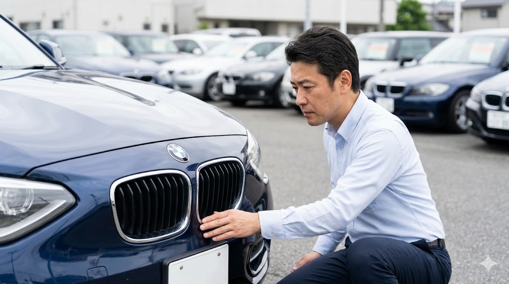 日本の中古車販売店で、真剣な表情の日本人男性客が先代（F20）BMW 1シリーズを細部まで点検・査定している様子。中古車市場での人気の高さを示唆。