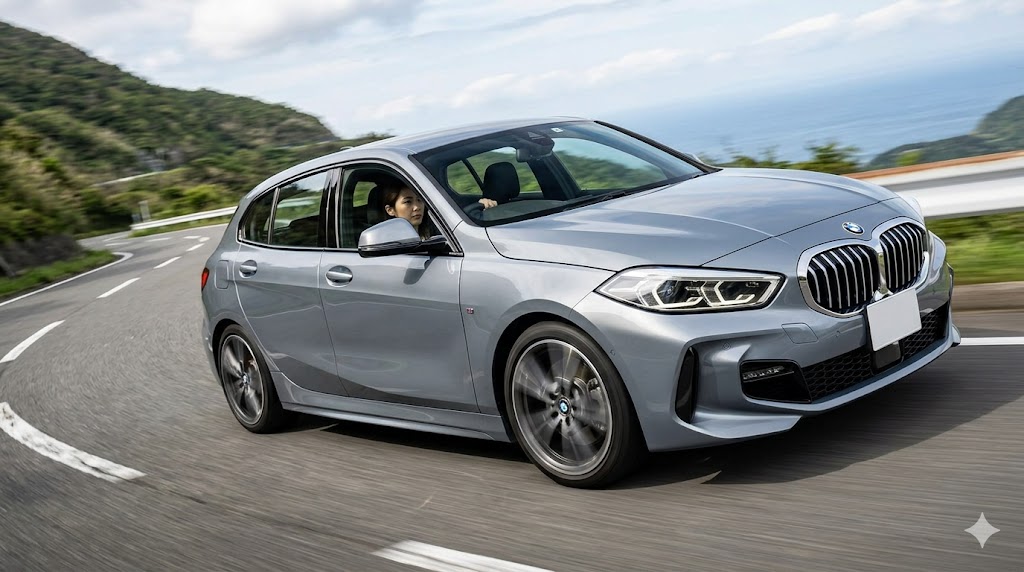 日本の峠道で、現行BMW 1シリーズが機敏にコーナーを駆け抜けるダイナミックな走行シーン。FFモデルでも健在なハンドリング性能を強調。
