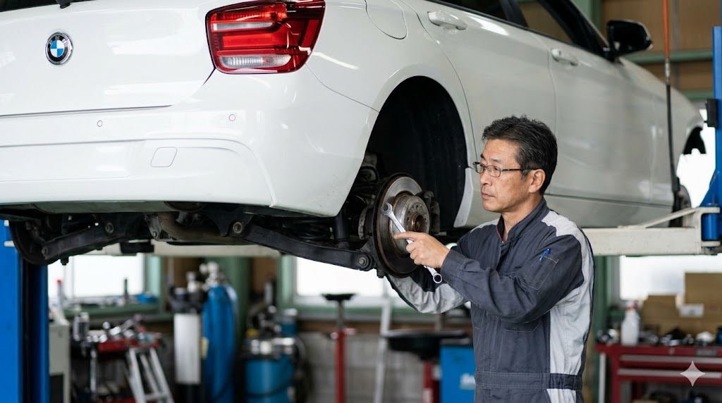 日本の整備工場で、熟練の日本人整備士が先代（F20）BMW 1シリーズのエンジンルーム内を点検している様子。センサー類の故障など、維持費がかかるリスクを評価中。