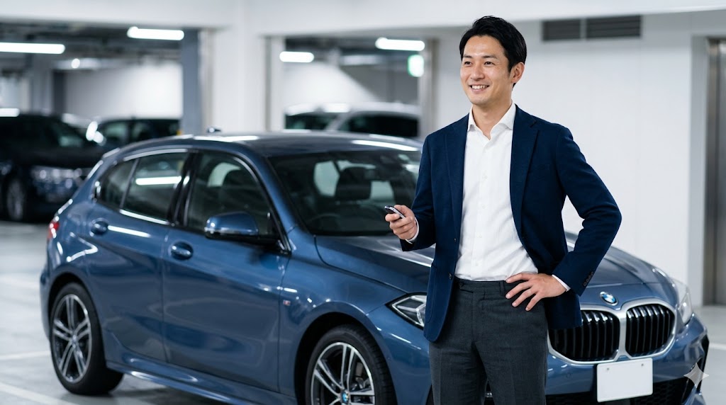 日本の清潔な駐車場で、現行BMW 1シリーズの隣に立つ満足げな日本人オーナー男性。噂を乗り越え、実用性と走りを両立した車を選んだ自信。