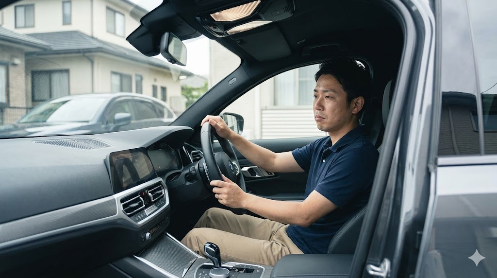 BMW 3シリーズ（G20）の運転席で、複雑な表情を浮かべながらハンドルを握る日本人オーナーの様子。購入後の後悔や不満の心理を象徴的に表現している。