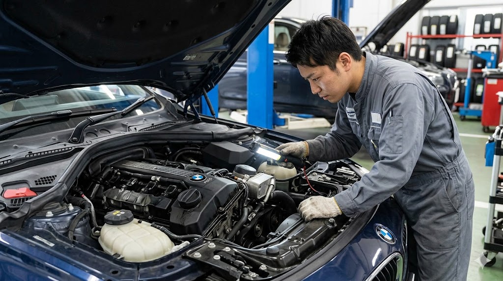 整備工場で、ボンネットを開けた中古BMW 3シリーズ（F30）のエンジンを点検する日本人整備士。オイル漏れなどの故障リスクと専門的な修理の必要性を表現している。
