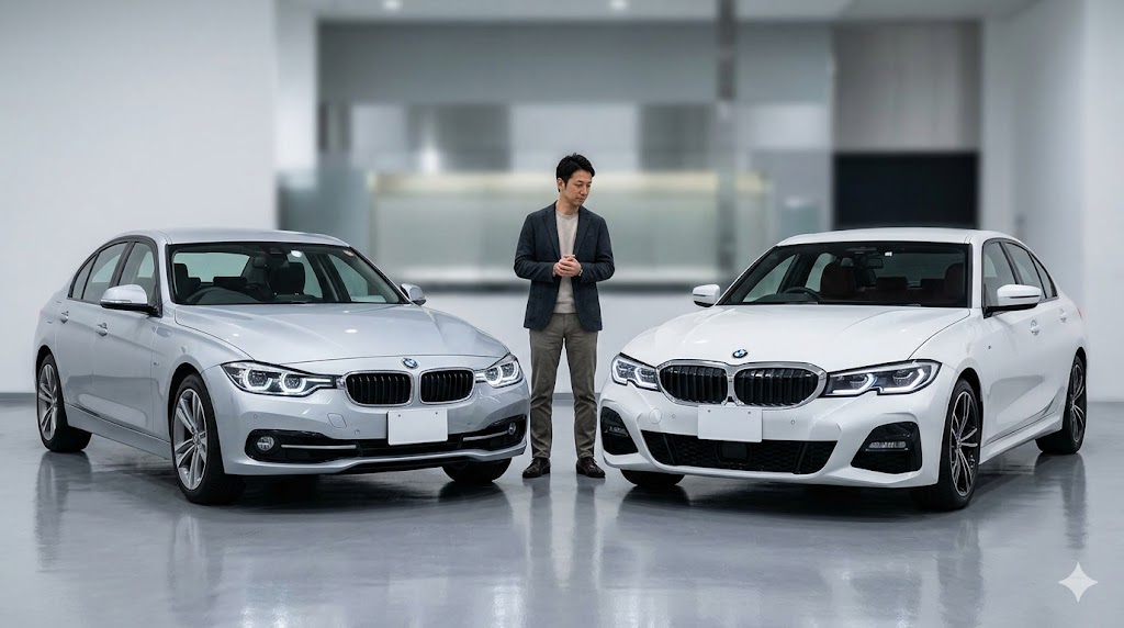 シルバーのBMW 3シリーズ先代（F30）とホワイトの現行世代（G20）。日本人男性が両車のデザインと機能性の違いを真剣に比較検討している。