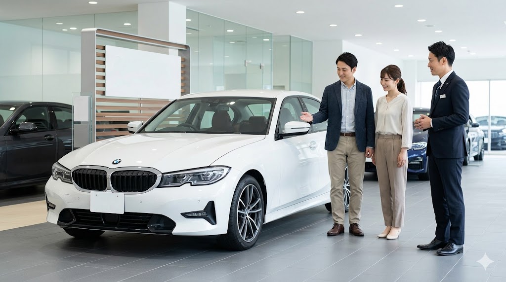 高級感のあるBMW正規ディーラーのショールームで、日本人夫妻が販売担当者から認定中古車（BMW Premium Selection）の説明を受けている。故障リスクを回避する安心な購入方法を表現している。