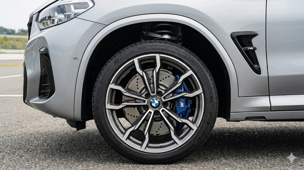 BMWの「シャシー哲学」や「締まりのある足回り」を、メカニカルなクローズアップで表現し、専門性を提示する。