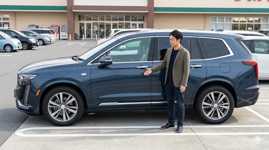 日本のスーパーマーケットの駐車場で、駐車枠ギリギリに停まる大きなキャデラックXT6と、そのサイズ感を確認する日本人男性。車両の巨大さと日本の駐車事情が伝わる一枚。