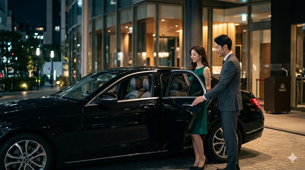 夜のレストラン前で、女性のためにCクラスの助手席ドアを開けてエスコートする紳士的な日本人男性。