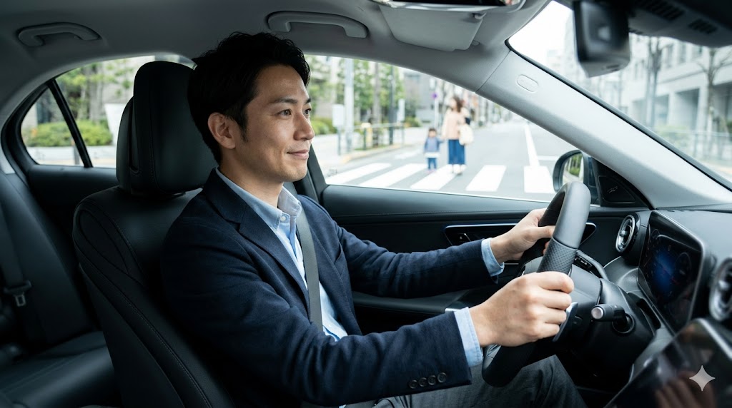 横断歩道で歩行者に道を譲る、落ち着いた様子でベンツを運転する紳士的な日本人男性。