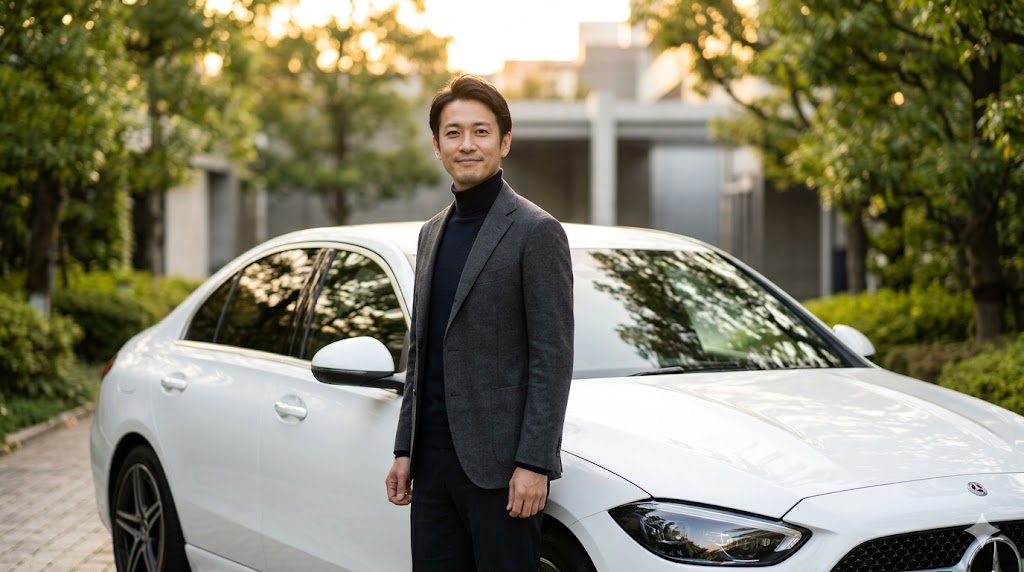 愛車の白いベンツCクラスの横で、満足そうに微笑む知的な雰囲気の日本人男性。