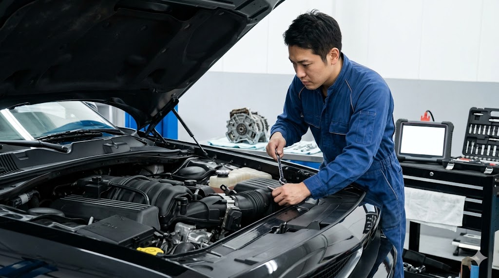 自動車整備工場で、特定の年式（2010-2014）のダッジチャレンジャーに潜む重大な故障リスク（タイミングチェーンやオルタネーター）を真剣な表情で点検するアジア人のプロ整備士。