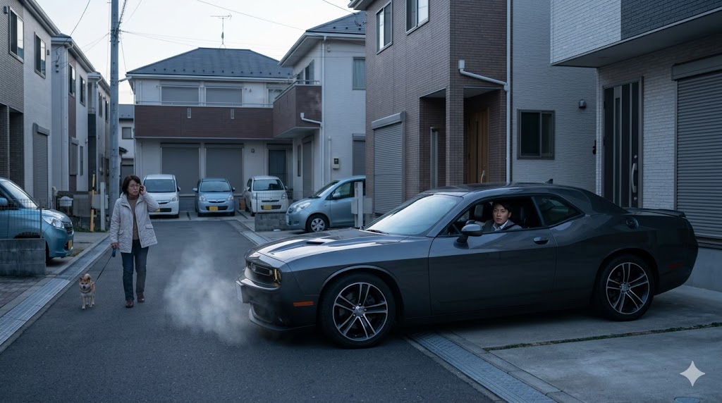 静かな日本の住宅街の早朝、ドライブウェイでエンジンをコールドスタートさせたダッジチャレンジャーと、その爆音に眉をひそめて不快感を示すアジア人の近隣住民女性。騒音トラブルのリスクを表現。