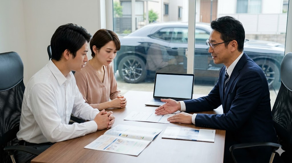 日本の保険代理店窓口で、並行輸入車のダッジチャレンジャーは型式不明や部品調達の難しさから、多くの保険会社で任意保険への加入を断られる現実を知り、困惑するアジア人のカップル。