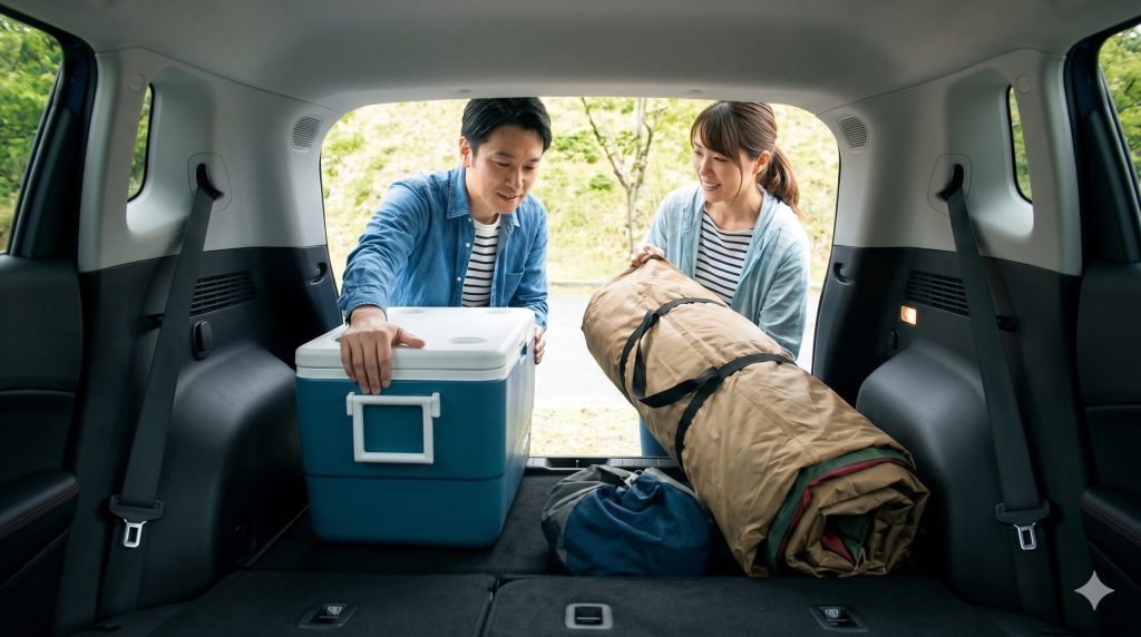 Jeep Compassの狭いラゲッジスペースに、大きなキャンプ道具やクーラーボックスを必死に積み込もうと苦戦する日本の家族の様子。荷室が荷物で溢れている。