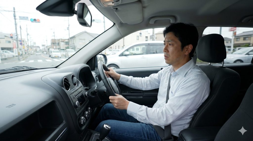 Jeep Compassを運転中にアクセルを踏み込んだ際、意図した通りの加速が得られず、わずかに違和感とストレスを感じた表情を見せる日本人の男性ドライバー。都市部の交差点付近を走行中。