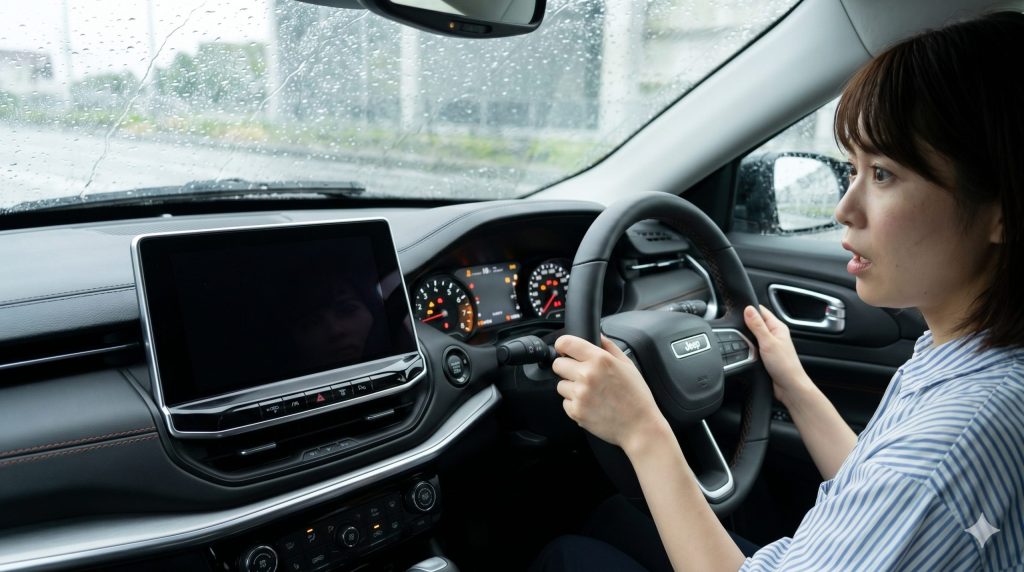 Jeep Compassの運転席視点で、デジタルメーターとセンターディスプレイの両方が完全にブラックアウトし、全ての電子制御システムのインジケーターが点滅する奇妙な電装系トラブルが発生した瞬間。