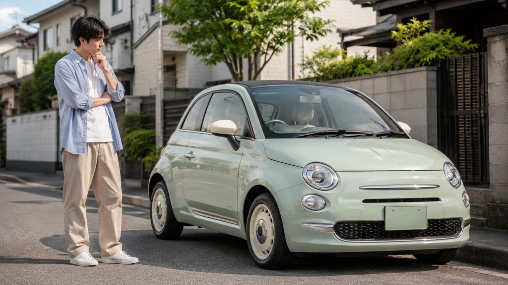 フィアット500の購入を迷う日本人男性と住宅街に停まる小型輸入車