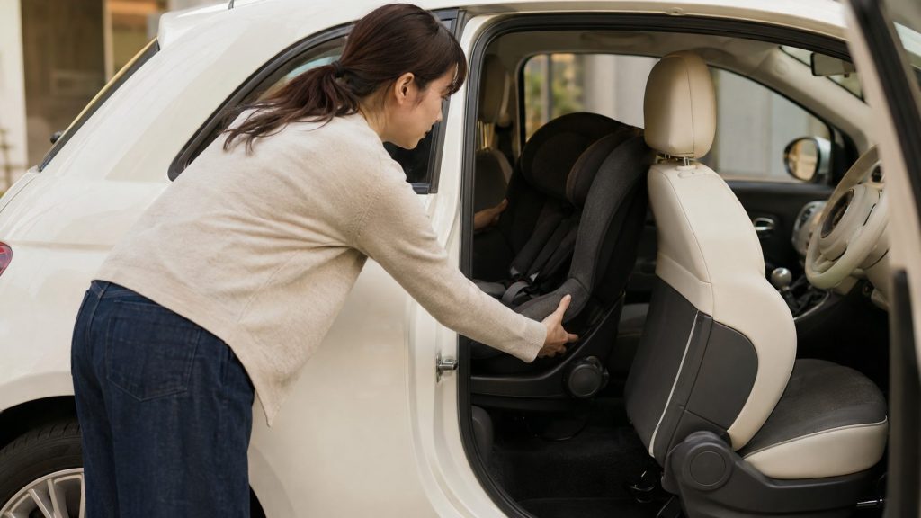 フィアット500風3ドア車の狭い後席にチャイルドシートを設置する日本人女性