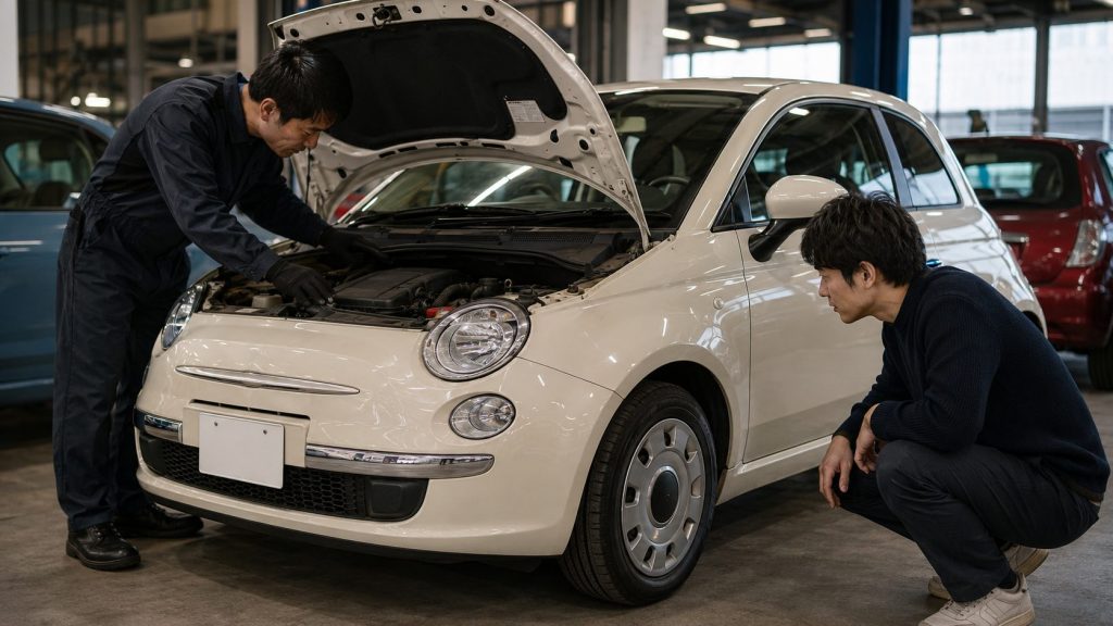 中古フィアット500風コンパクトカーを購入前に点検する日本人男性と整備士