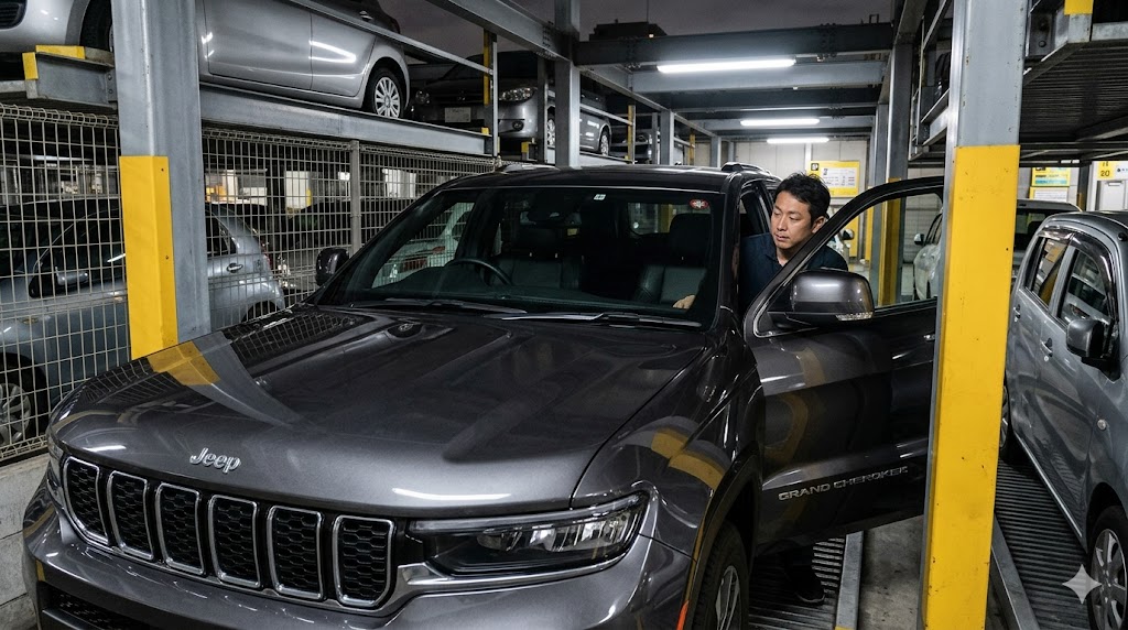 日本の狭い立体駐車場で、隣の柱とギリギリのスペースに駐車したグランドチェロキーから、慎重に降りようとする日本人男性。巨大なボディサイズがもたらす不便さを表現。