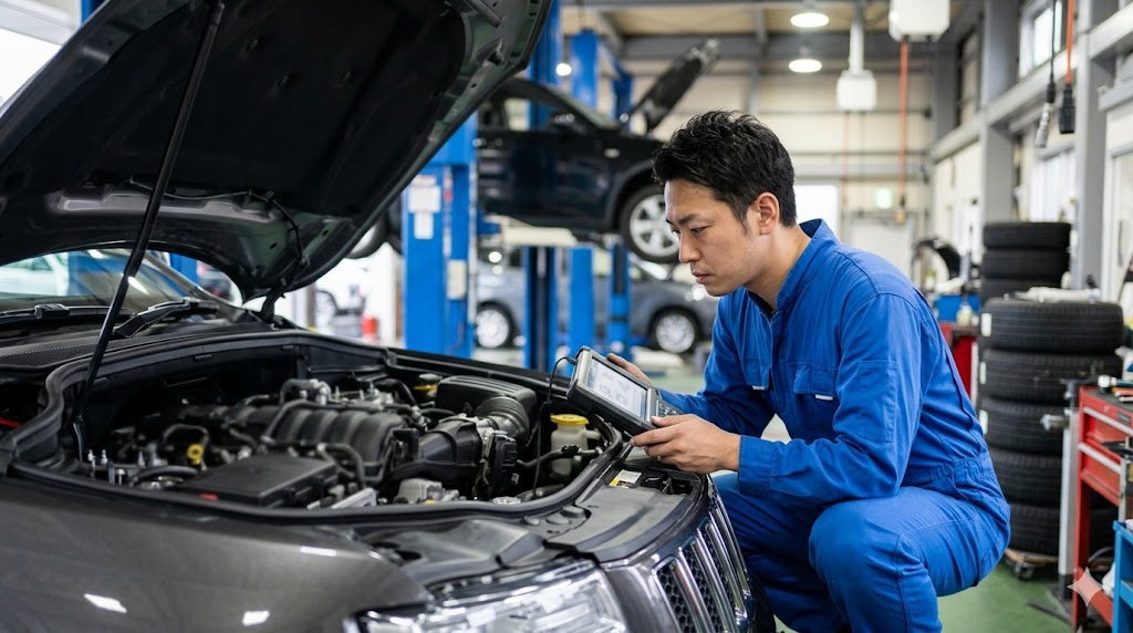 整備工場で、ボンネットを開けたグランドチェロキーを深刻な表情で点検する日本人整備士。輸入車特有の複雑な故障リスクと高額な修理費用の現実を表現。