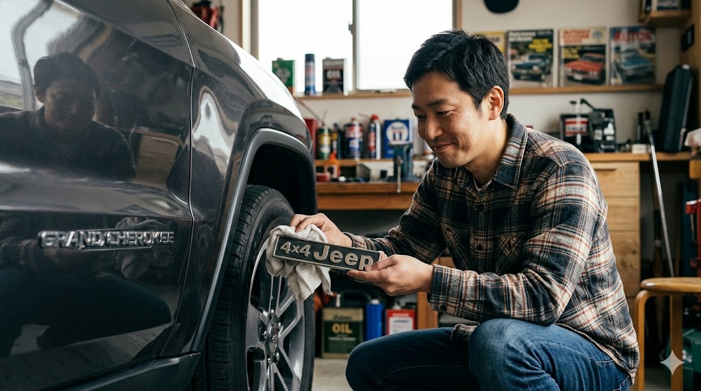 自宅ガレージで、グランドチェロキーのエンブレムを愛おしそうに磨く日本人男性。多少のトラブルや故障も「愛嬌」として受け入れる、Jeepブランドへの深い愛情を表現。