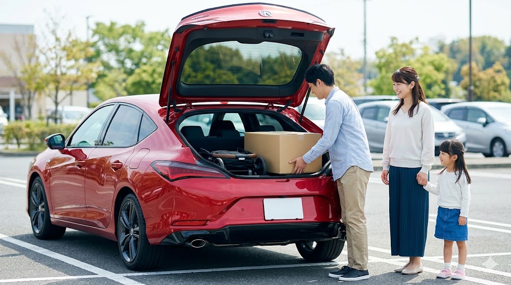 休日のショッピングモールの駐車場で、赤いアキュラ インテグラ Type Sの広く開いたリアハッチに、大きな荷物を積み込む日本人家族の様子。