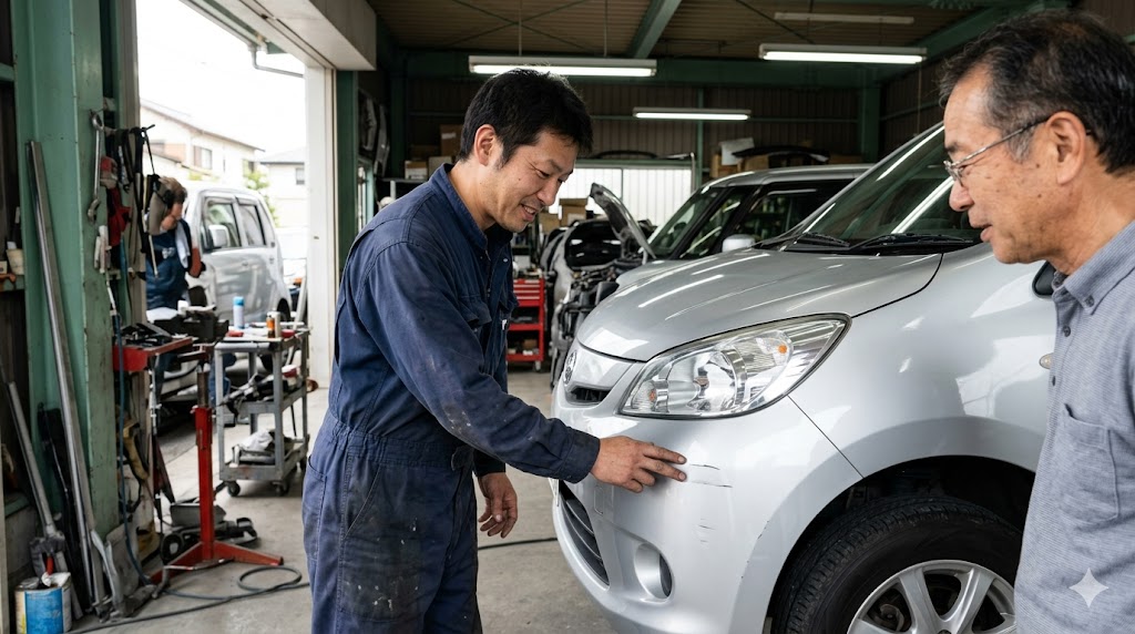 日本の板金工場で、整備士が車の塗装傷を確認し、修理コストの仕組みを説明している様子