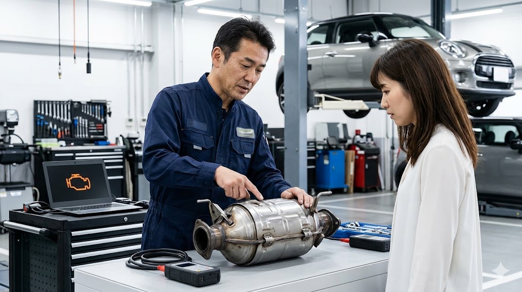 整備工場で、取り外されたミニクーパーDのDPFユニット（すすフィルター）の状態を女性オーナーに説明する日本人整備士