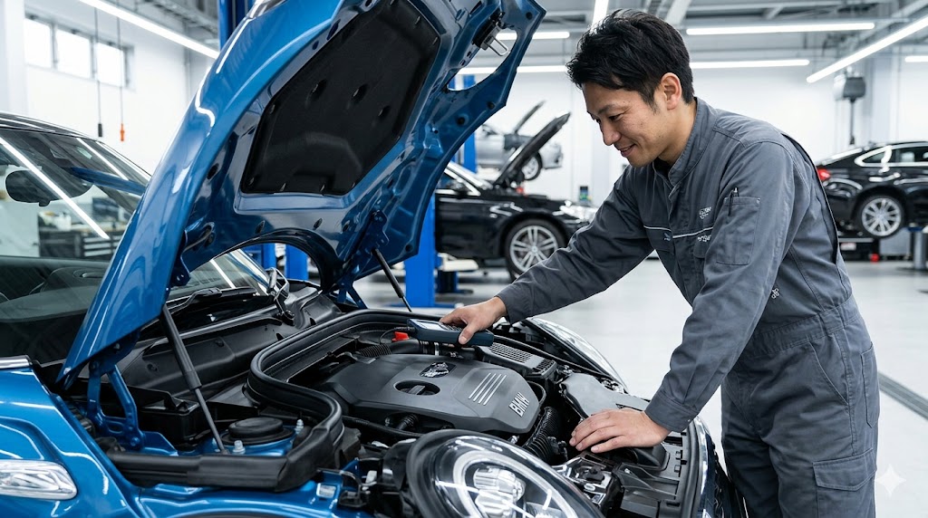 整備工場で、ボンネットを開けて第3世代ミニクーパーS（F56）のBMW製エンジンを点検する日本人整備士